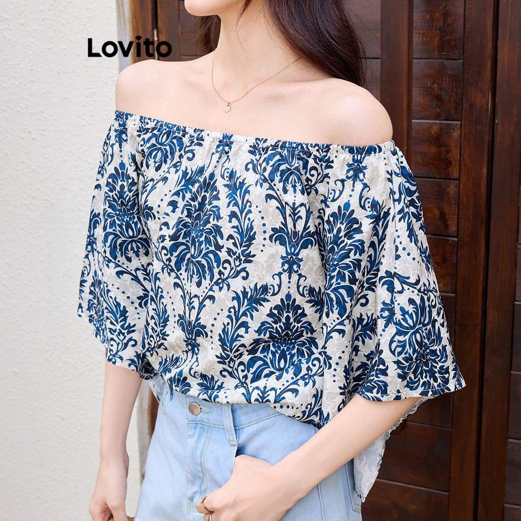 Lovito เสื้อเบลาส์ลายพิมพ์ชนเผ่า โบฮีเมียนสำหรับผู้หญิง L104ED744