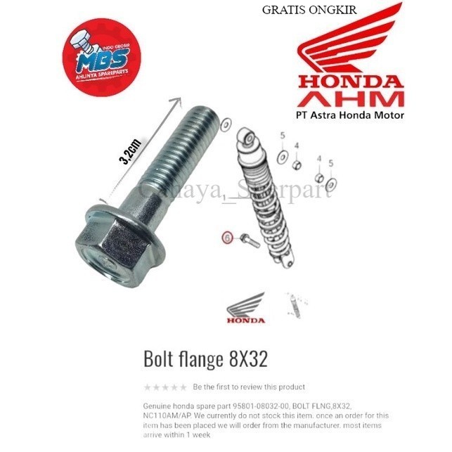1 ชิ้น BOLT FLAANGE M8 32 มม. 95801-08032-00 REAR SHOCK BOLT HONDA PCX ADV VARIO. 3.2ซม. LONG SHOCKB