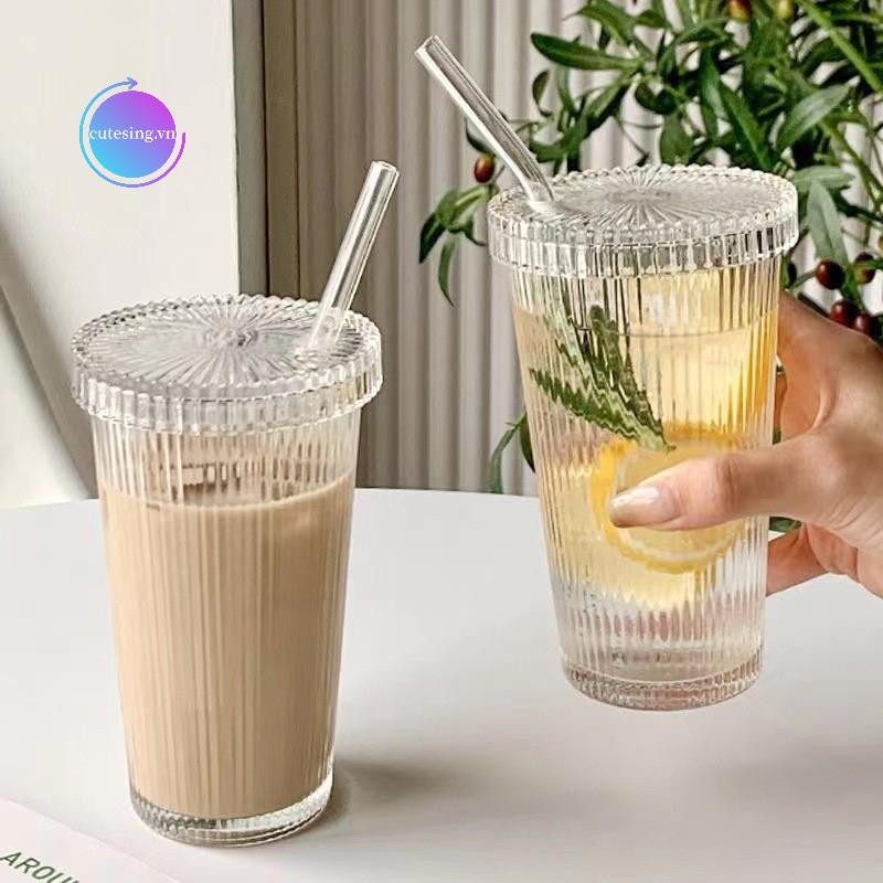 Goddes 380ml Simple Stripe ถ้วยแก้วพร้อมฝาปิดและฟางโปร่งใสถ้วยชาน้ําผลไม้แก้วเบียร์นม Mocha ถ้วยอาหารเช้าแก้วกาแฟ TH