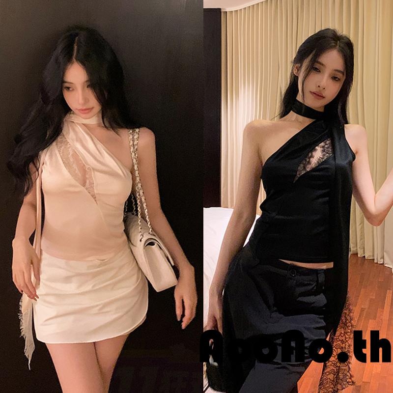 Aooao-เสื้อกล้ามคล้องคอสําหรับผู้หญิงแขนกุดคอเฉือนปิดไหล่เสื้อกั๊กลูกไม้บาง