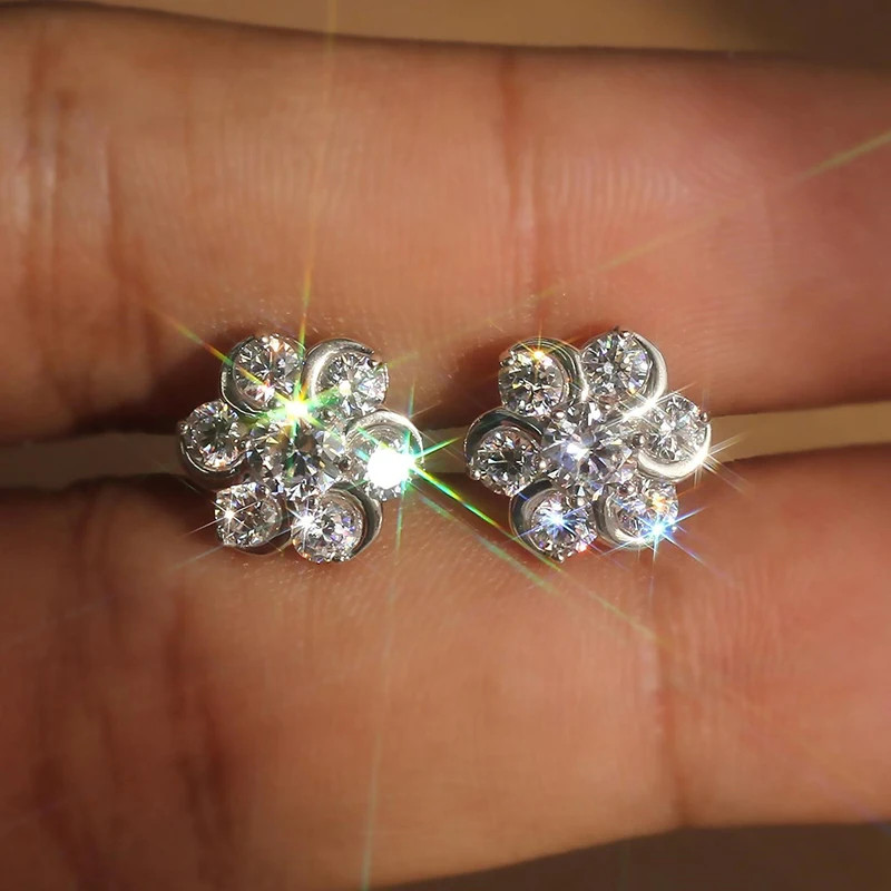 925 เงินสเตอร์ลิงประณีตดอกไม้รูปต่างหูสตั๊ด Full Paved รอบ Cubic Zirconia เงาต่างหูผู้หญิงสวมใส่ทุกวันแฟชั่นเครื่องประดับ