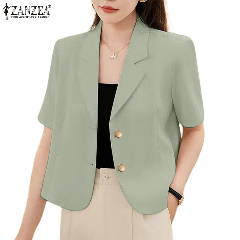Zanzea เสื้อเบลเซอร์หลวมปุ่มพรีเมี่ยมแขนสั้นแฟชั่นสตรีสไตล์เกาหลี