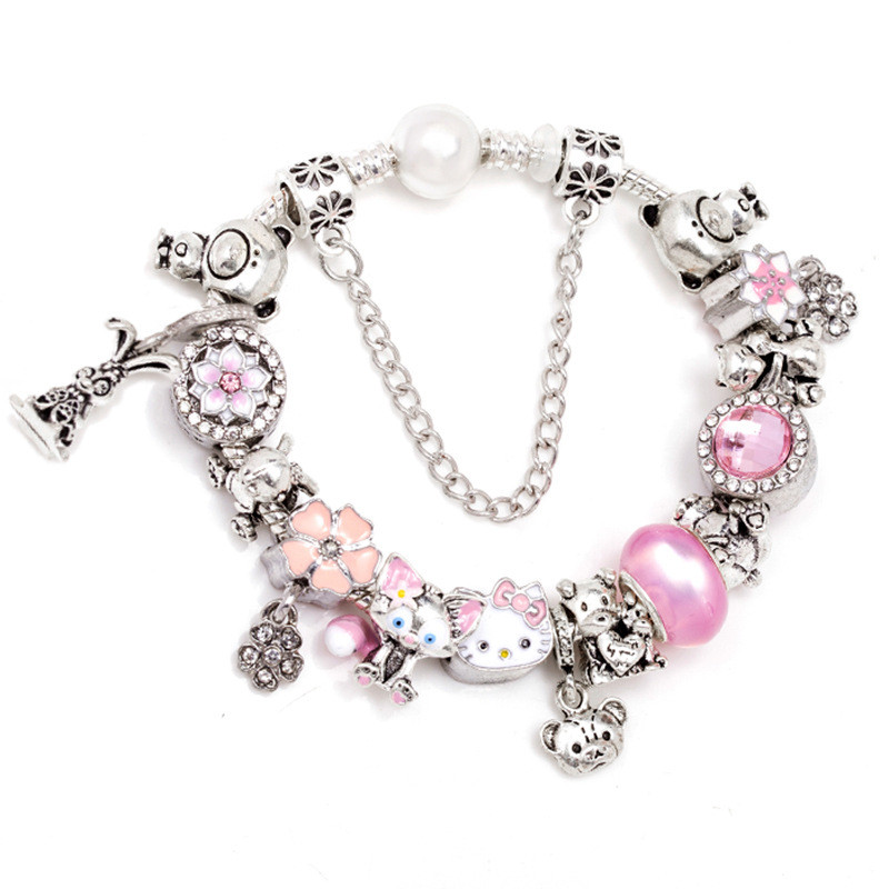สีชมพูการ์ตูนกลีบลูกแมวหมีโลหะผสมลูกปัดสร้อยข้อมือเงิน-plated 925 งูกระดูกโซ่สร้อยข้อมือสุภาพสตรี