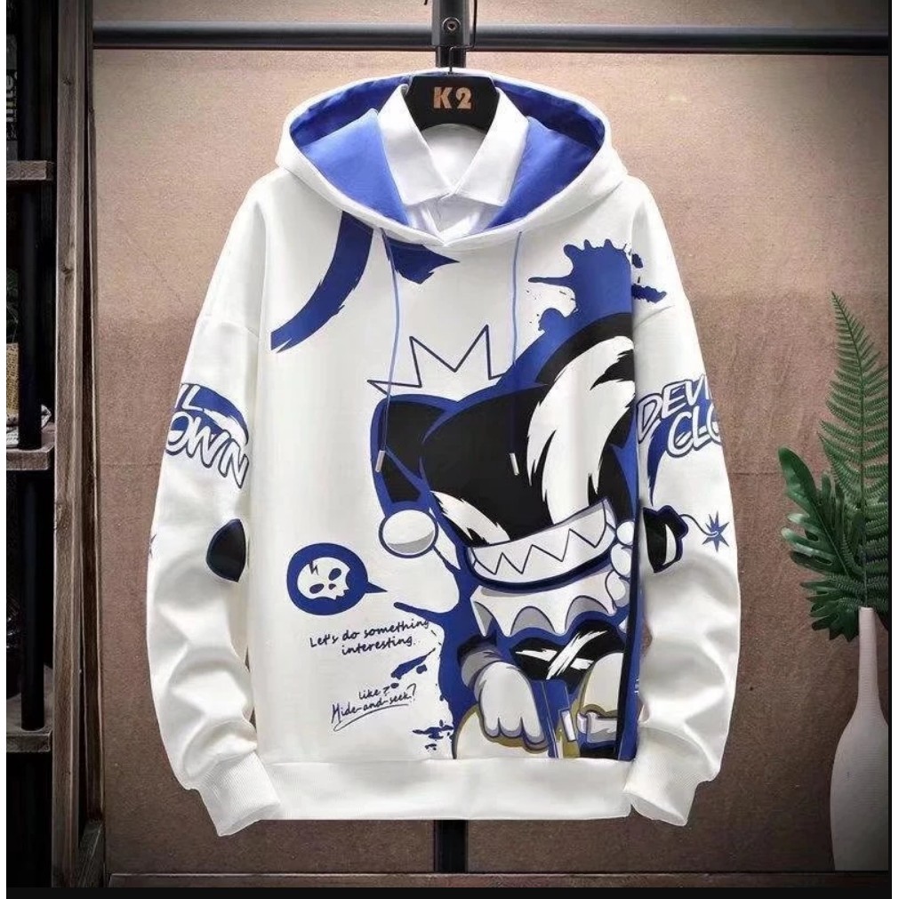 เสื้อจั๊มเปอร์แขนยาว มีฮู้ด พิมพ์ลายการ์ตูน ทรงหลวม แฟชั่นฤดูใบไม้ร่วง/หนาว ผู้ชาย