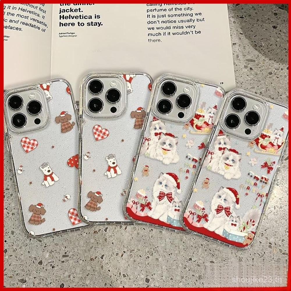 IPhone 16 PRO MAX iPhone 11สี Soft TPU g litter สีขาวลูกแมวน่ารักคริสต์มาสเข้ากันได้ iphone15 PRO MAX 14 13 12 PRO MAX XS XR 7พลัส8บวก emtf