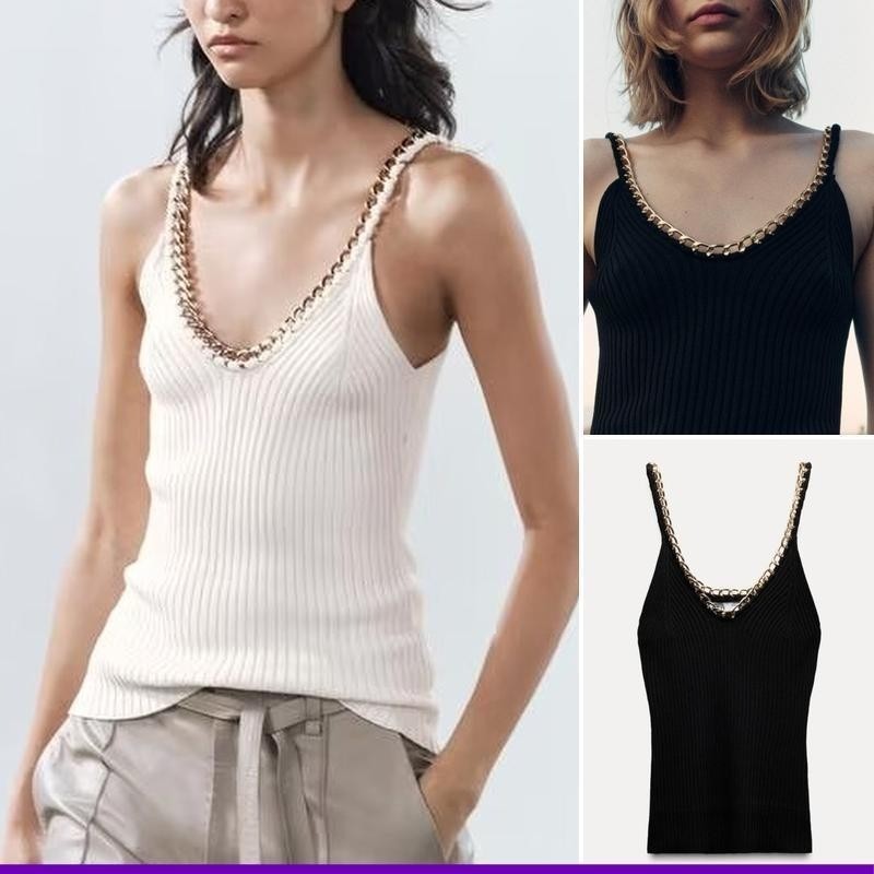 Zara 24 ฤดูใบไม้ร่วงใหม่สไตล์คอวีโซ่ตกแต่งสลิมฟิตสีดําสีขาว Ribbed สลิงถักด้านบน4192017