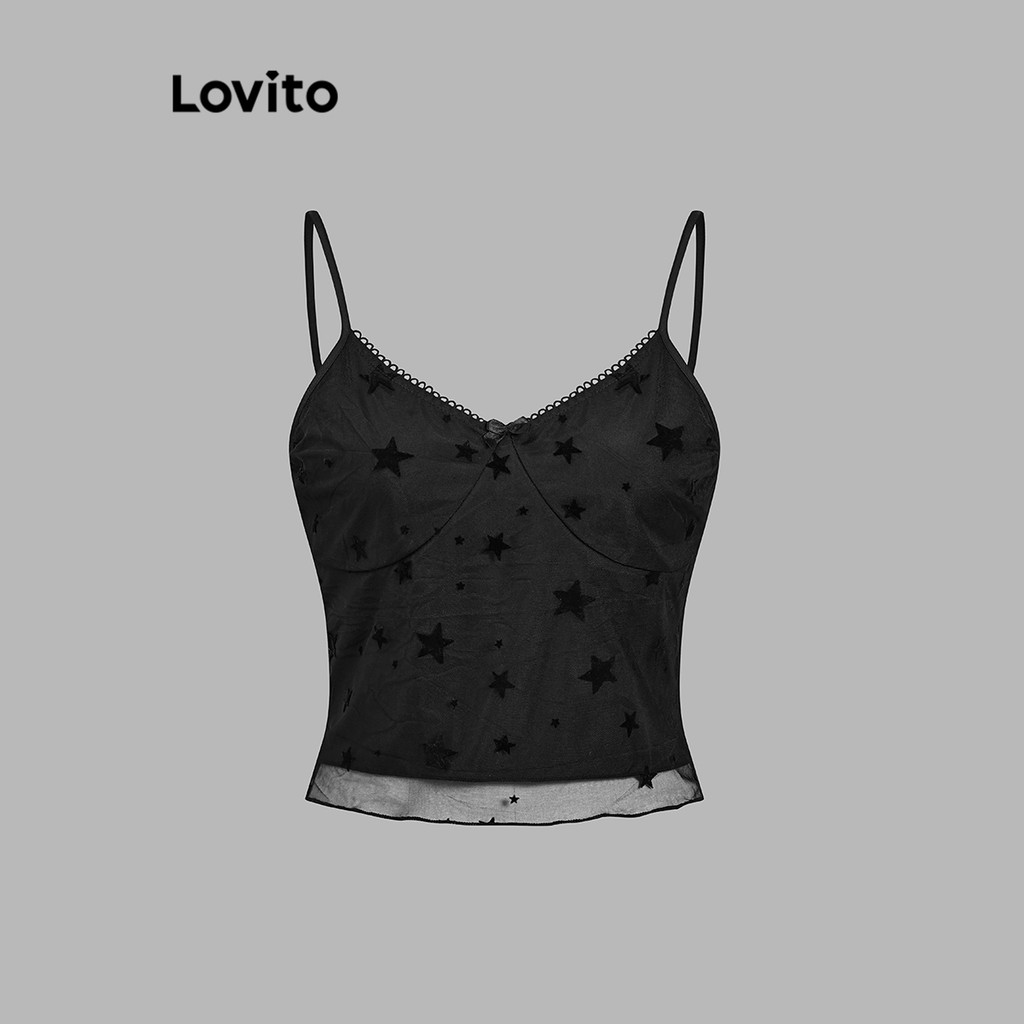 Lovito ผู้หญิงเซ็กซี่ดาวโบว์ด้านหน้าดาว ระบายชายเสื้อเสื้อกล้ามสำหรับผู้หญิง L102AD190