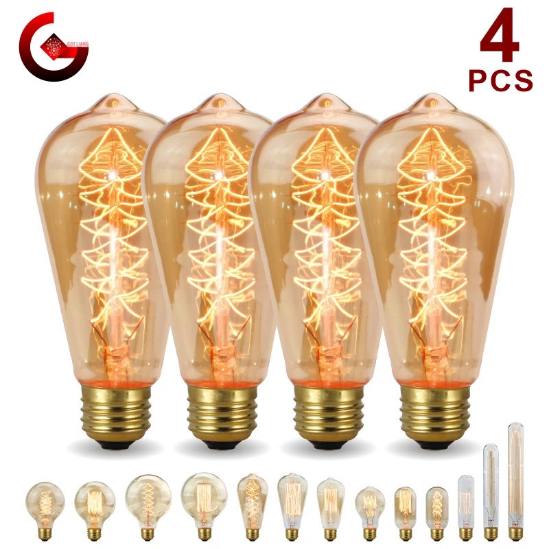 4pcs Retro Edison Bulb E27 220V 40W Light Bulb A60 ST64 T10 T45 T185 G80 G95 Filament Vintage Ampoul