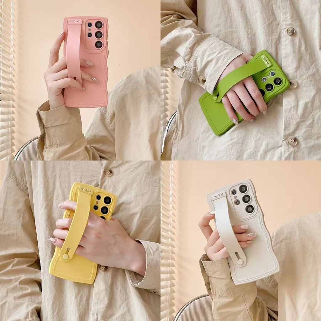 กรอบหยัก สดๆหน่อย สีทึบ สายรัดข้อมือ เคส Samsung Galaxy S24 Ultra S23FE S22 S23 Ultra S21Ultra S21FE S20FE S20 S21 S22 S23 S24 Plus S10 S8 S9 + S20Ultra S10Plus Case ความรู้สึกหรูหรา ซิลิโคนเหลว ป้องกันการตก อ่อนนุ่ม เคสมือถือซัมซุง