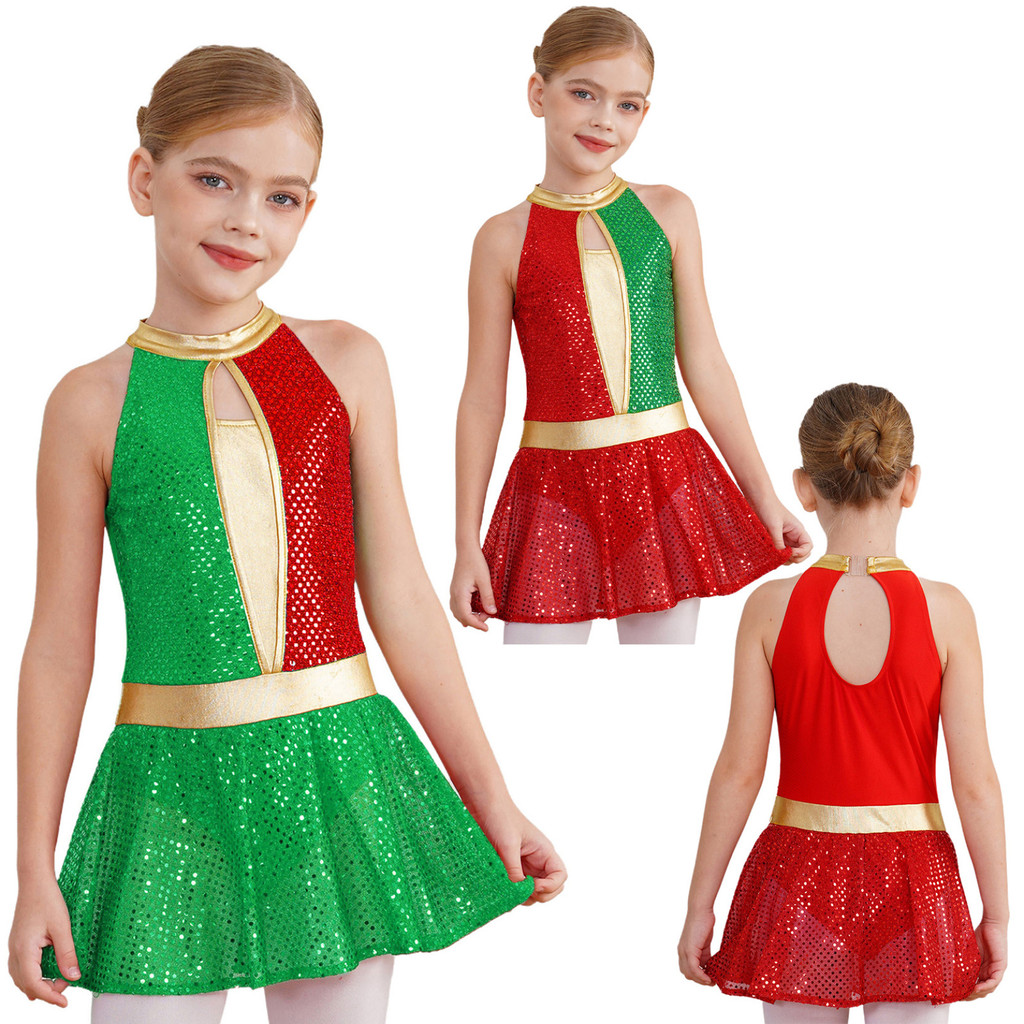 Ljx - hcl - 4-14 เด็กผู้หญิงคริสต์มาสเครื่องแต่งกายเต้นรํา Leotard Halter คอแขนกุด Hollow กลับ Sequi
