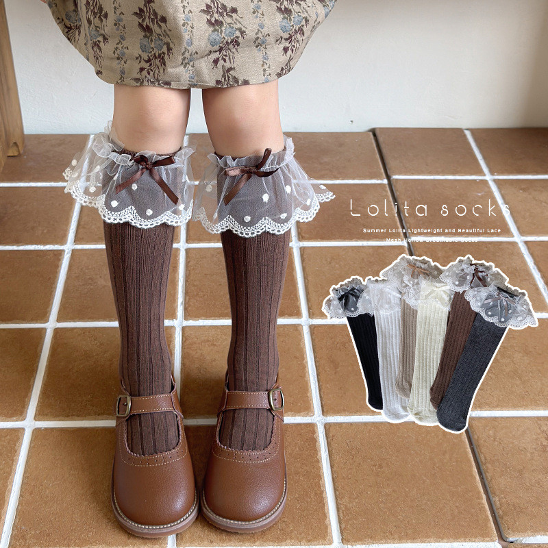 สาวลูกไม้ถุงเท้าเกาหลีลูกไม้ถุงเท้ากลางลูกวัวฤดูใบไม้ผลิและฤดูใบไม้ร่วงโลลิต้าโบว์เจ้าหญิงซ้อนถุงเท้า