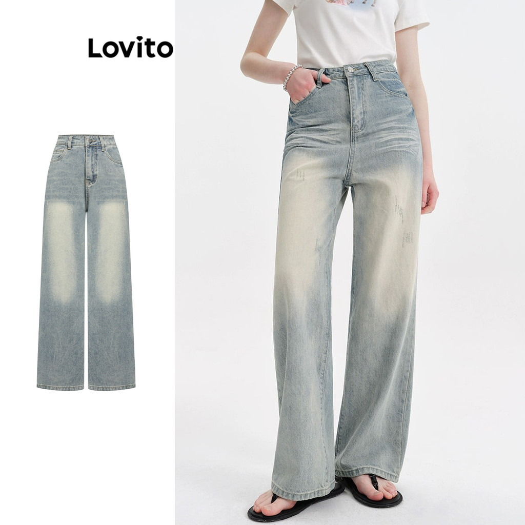 Lovito กางเกงยีนส์หนวดแมวธรรมดาลำลองสำหรับผู้หญิง L106AD203