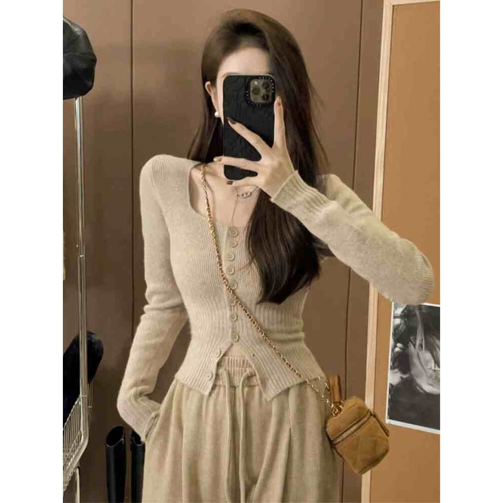 Dahong 3888 เสื้อยืดแขนยาว คอสี่เหลี่ยม เสื้อยืดคอเหลี่ยม เข้ารูป สีพื้น สําหรับผู้หญิง