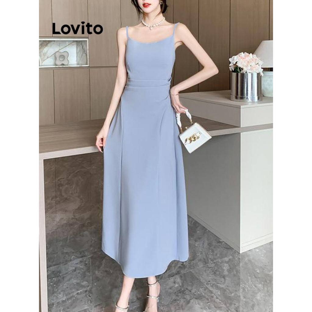 Lovito เดรสผู้หญิง จีบย่น สีพื้น สไตล์หรูหรา LNE48430