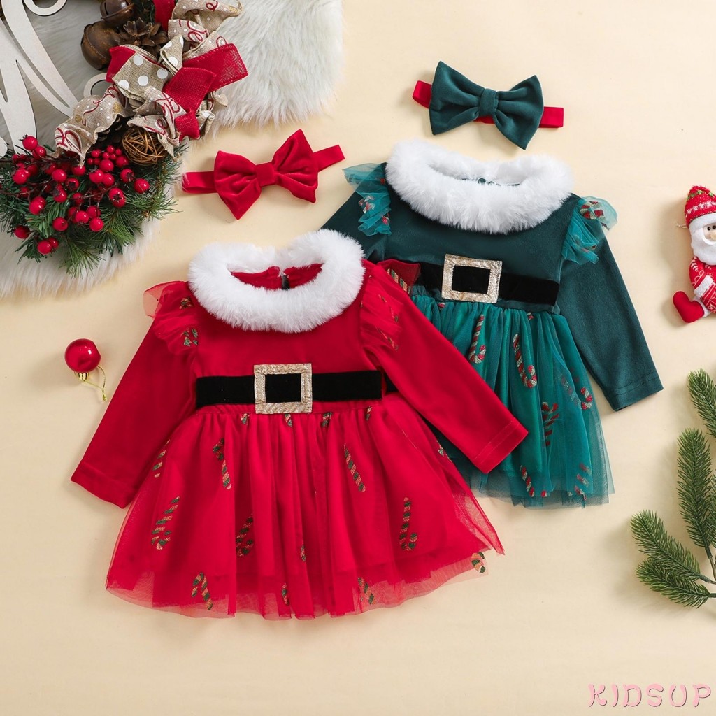 Kidsup1-เด็กผู้หญิง 2 ชิ้นคริสต์มาสชุดแขนยาว Tulle ชุด + ชุดแถบคาดศีรษะเสื้อผ้าเด็กทารก