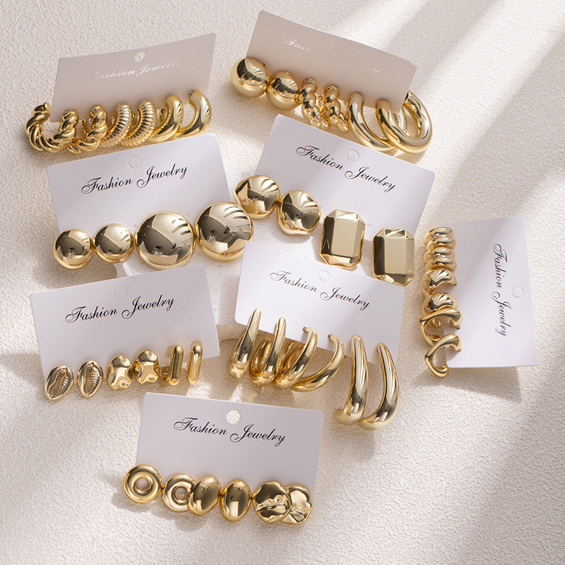 ต่างหู retro ทรงวงกลม อคริลิก สีทอง สำหรับผู้หญิง 3 คู่/เซ็ต เสริม.style.ins