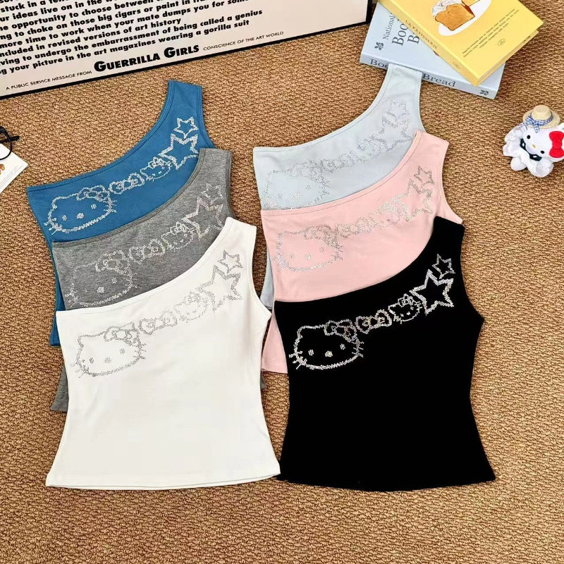 Girl's Summer Tank Top with Pads - Cute Cartoon Design, Casual One Shoulder Vest