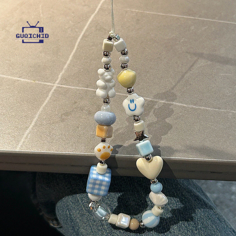 สายคล้องโทรศัพท์มือถือAnti-Lost Ccd เชือกคล้องโทรศัพท์มือสายคล้องโทรศัพท์รูปหมียิ้มแบบตารางพร้อมลูกปัดห้อยข้อมือแบบสั้น