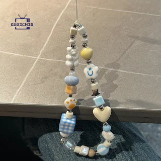 สายคล้องโทรศัพท์มือถือAnti-Lost Ccd เชือกคล้องโทรศัพท์มือสายคล้องโทรศัพท์รูปหมียิ้มแบบตารางพร้อมลูกปัดห้อยข้อมือแบบสั้น