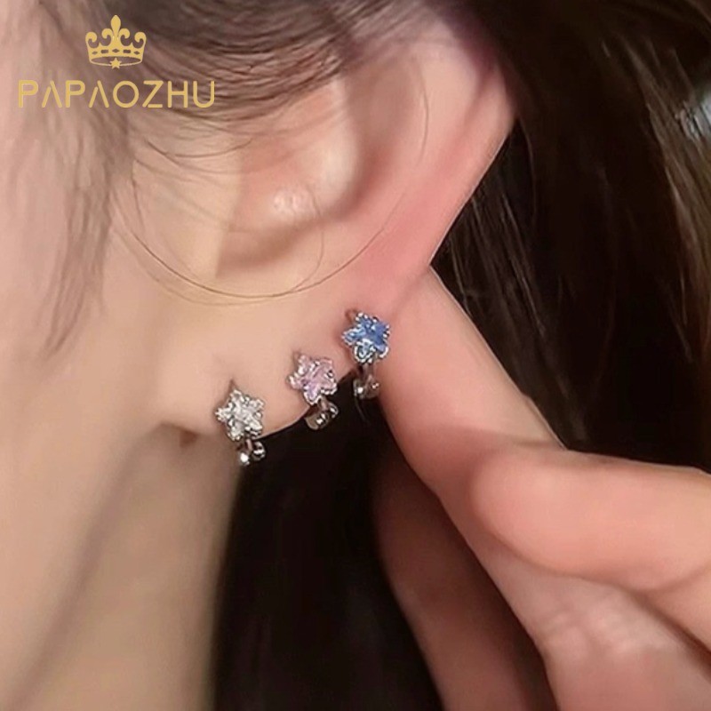 PAPAOZHU ที่ละเอียดอ่อน s925 เงินคริสตัลที่มีสีสัน Star Hoop ต่างหูสําหรับผู้หญิงสาวสวมใส่ทุกวันรอบหูเครื่องประดับ