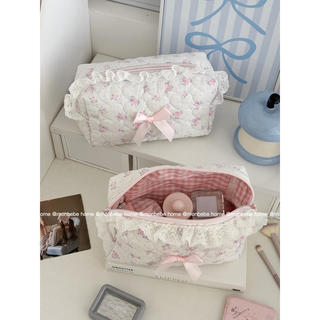 กระเป๋าเครื่องสําอาง กระเป๋าใส่ดินสอ กระเป๋าคลัทช์ ins ดอกไม้น่ารัก พร้อมส่ง
