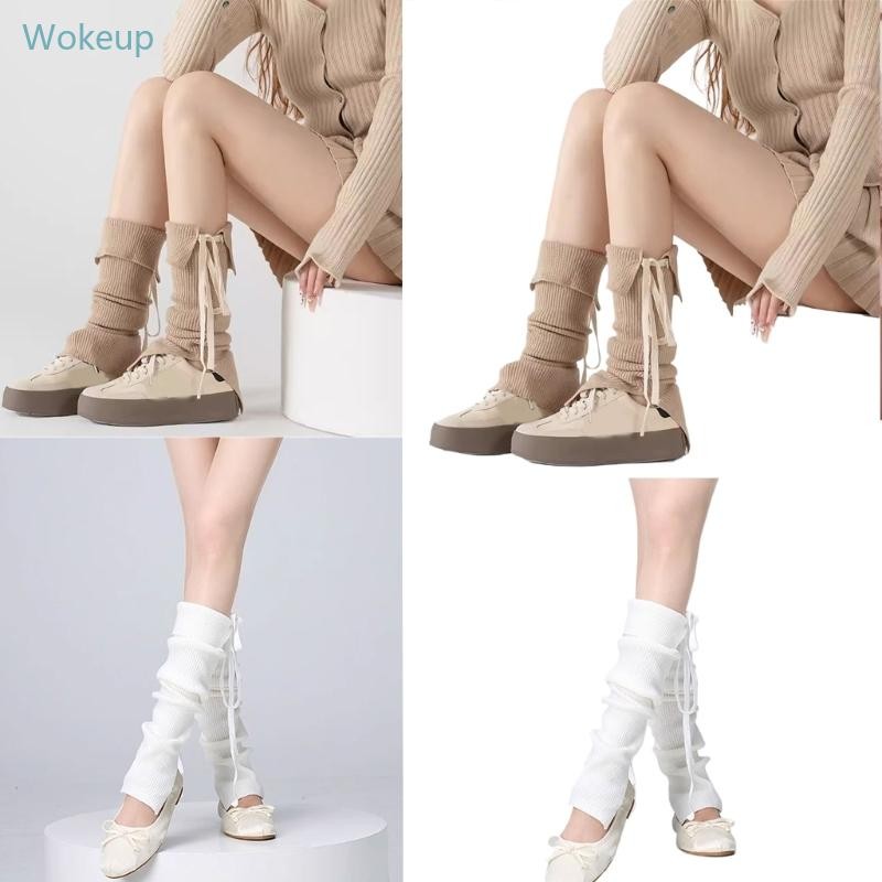 WOKE ถุงเท้าบูทสไตล์ญี่ปุ่น ถักลายเส้น มีเชือกรองเท้า lace-up bow