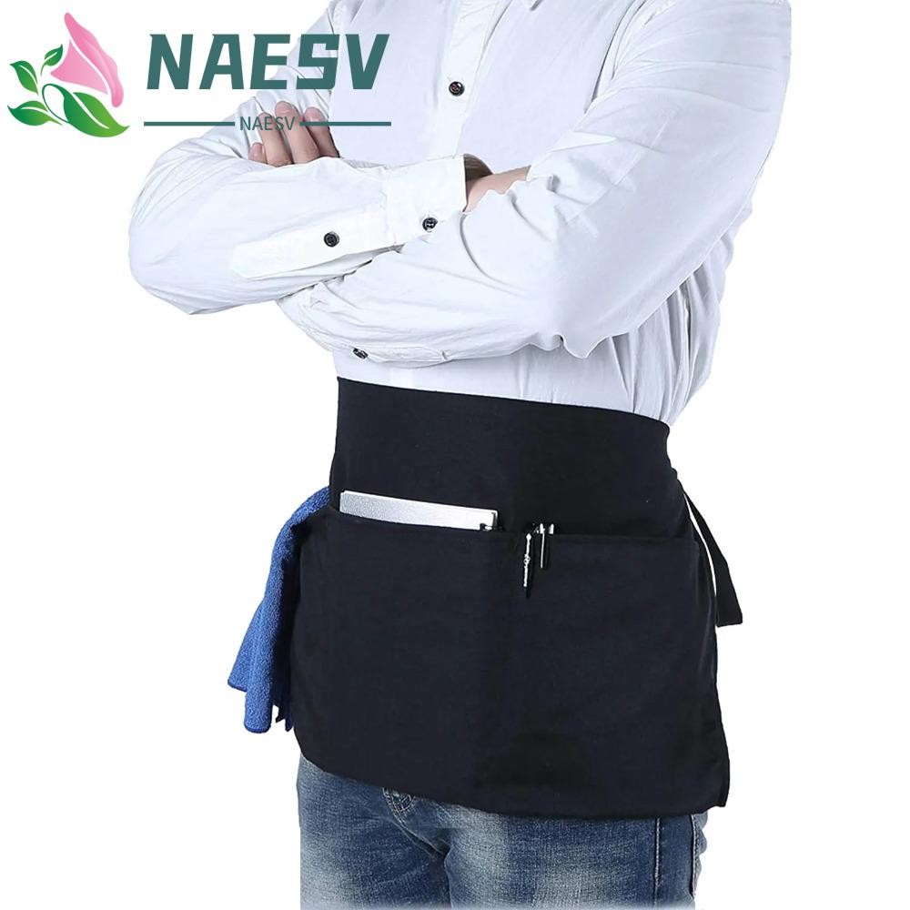 NAESV ผ้ากันเปื้อนโพลีเอสเตอร์ แบบครึ่งตัว พร้อมกระเป๋า 3 ช่อง ผ้ากันเปื้อนสั้น ผ้ากันเปื้อน สีดํา น้ํา สําหรับร้านอาหาร