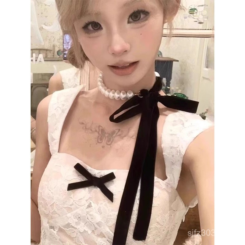 สร้อยคอมุก AINO Light Luxury ดีไซน์แองเจล สำหรับผู้หญิง กับริบบิ้นสีดำ Bowknot 3KOC