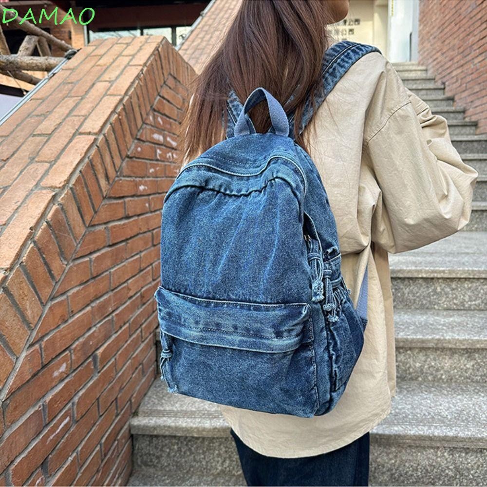 DAMAO กระเป๋าเป้สะพายหลังผ้ายีนส์ สไตล์วินเทจยุค Y2K เหมาะสำหรับใส่ของเยอะและใช้ได้หลายโอกาส