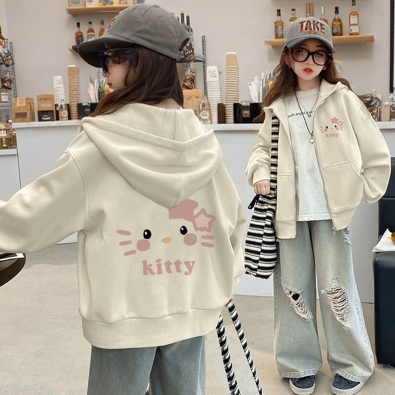 สาวผ้าฝ้ายแท้คิตตี้แมวเสื้อกันหนาวแจ็คเก็ต2024ขนาดกลางขนาดใหญ่เด็กคาร์ดิแกนซิปขนแกะซับด้านบนอินเทรนด์7.16 ย