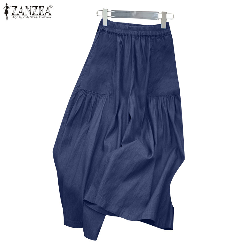 ZANZEA กางเกงขากว้างสไตล์เกาหลี ตัดเย็บลายพิมพ์และซิกแซม พื้นเอวยางยืด สวมใส่สบาย เหมาะสำหรับการแต่งกายในวันธรรมดา