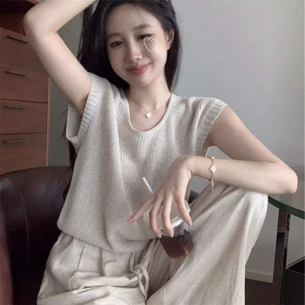 frenchy top สตรีทแฟชั่น เสื้อยืดแขนสั้นผ้าไอซ์ซิลซ์ถักสำหรับผู้หญิงเสื้อแบบบางแขนกุดเข้ารูปใส่แล้วดู