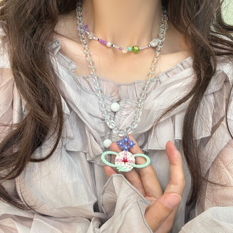 สร้อยคอมุกแบบดินเนอร์ กะพริบ สีฟ้า สีม่วง ประดับด้วยลายผีเสื้อ ดอกไม้ และตุ๊กตาหมี