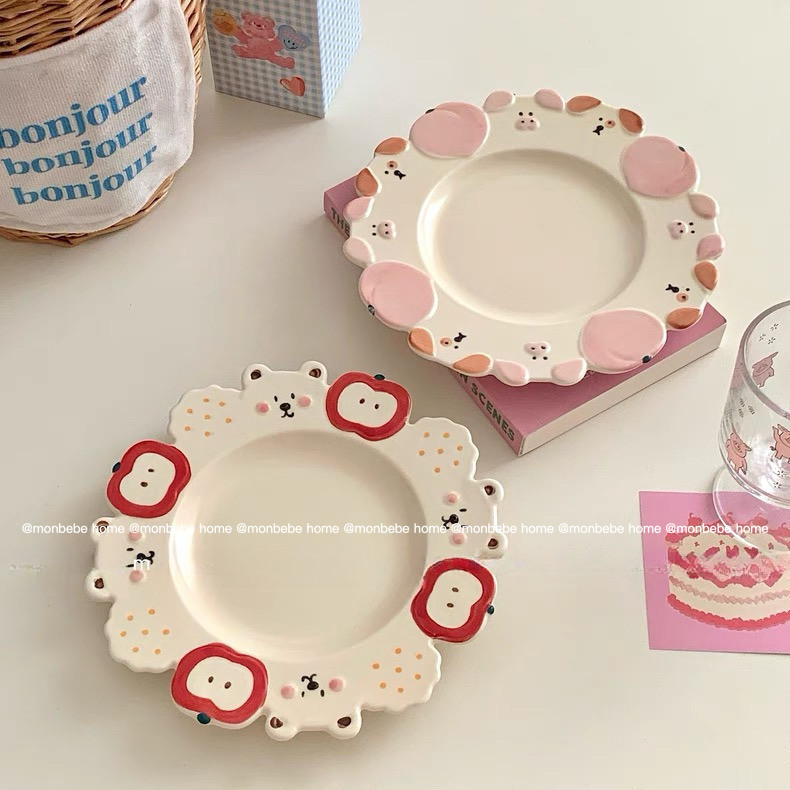 จานเซรามิก จาน ลายลูกสุนัขแอปเปิ้ลหมี3dน่ารัก จานขนมหวาน พร้อมส่ง