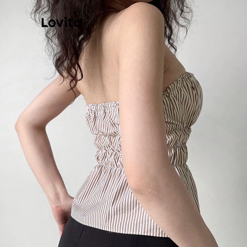 (Trendy) Lovito เสื้อกล้ามลําลองลายทางผูกเชือกฤดูร้อนสําหรับผู้หญิง L116LD255