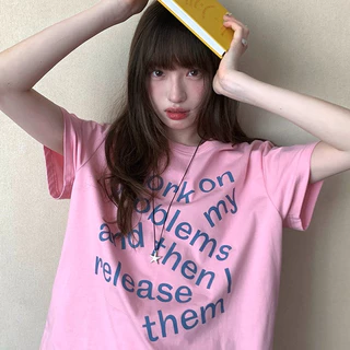 KYO 🌸 เกาหลีสไตล์ ผู้หญิง เสื้อยืด พิมพ์ลาย"WORK ON MY PROBLEMS"ผ้าCOTTON โคตรนุ่ม ผ้าฝ้ายใส่สบาย OVERSIZE ส่งจากไทย