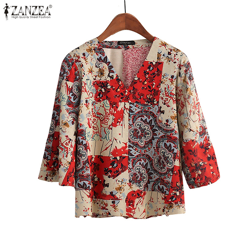 ZANZEA ซานเซีย เสื้อลำลองสำหรับผู้หญิง แบบคอวี แขน¾ พิมพ์ลายดอกไม้