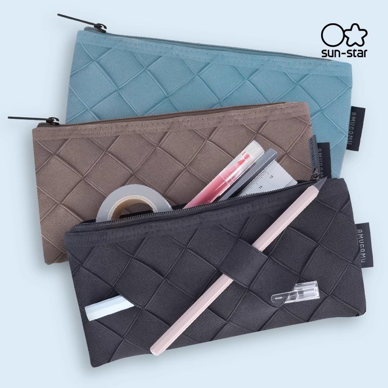 ญี่ปุ่น sunstar sunstar AMUGOMU ทอลายสก๊อต Laced-Up กล่องดินสอซิปกระเป๋าเก็บเครื่องเขียนสีทึบโพลีเอส