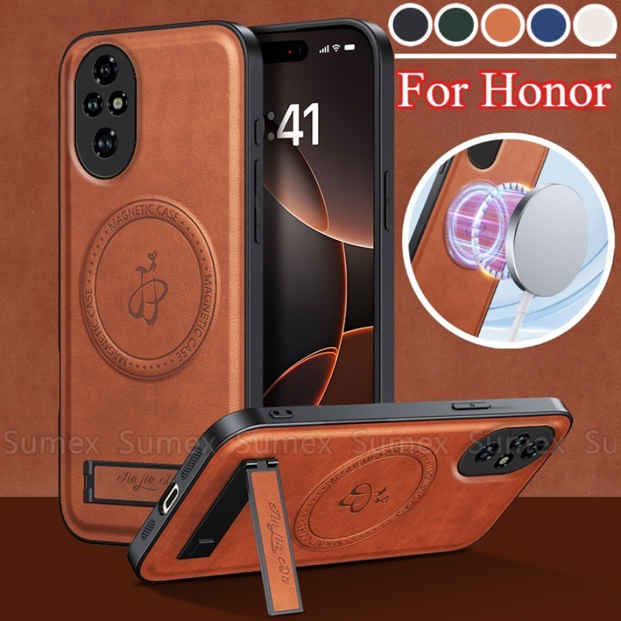Stand Holder ซองหนังสําหรับ Honor 200 Pro Honor200 สมาร์ท 5G แหวนชาร์จแม่เหล็กธรรมดาปลอกโทรศัพท์กันก