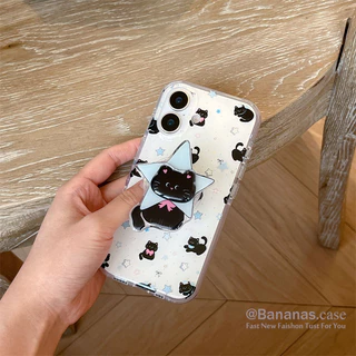 เข้ากันได้กับ iPhone 17 16 15 14 13 12 11 Pro Max เคสโทรศัพท์น่ารักแมวดํา + ขาตั้ง + Lanyard Soft ฝาหลัง