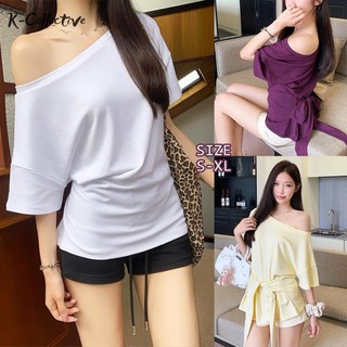 K-Collective -Oblique Shoulder Short-Sleeved T-Shirt Women Waist Strap Slim Design Sexy Top-2706