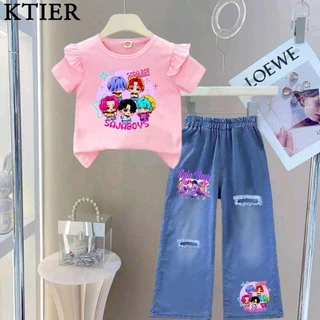 PINKชุดเซ็ทเด็ก kpop demon hunter เสื้อแขนปีกนก+กางเกงยีนส์เทียม (ผ้าฝ้ายโพลี)