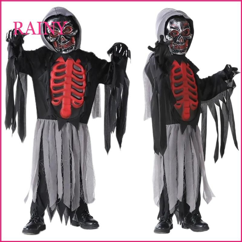 4 Pcs Halloween Grim Reapers Costume Set Skeleton Cloak  Gloves for Kid Boy