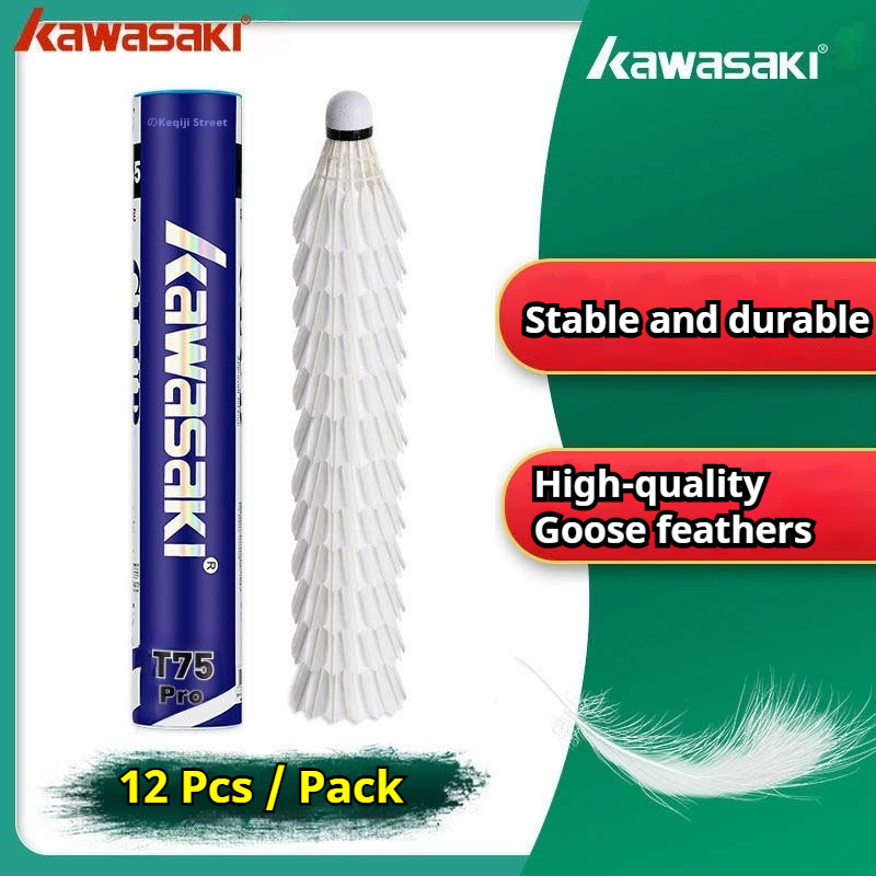 KAWASAKI ลูกขนไก่แบดมินตันคาวาซากิ T75 PRO ที่มีเสถียรภาพและทนทานแบดมินตัน Pro ยืดหยุ่นสูง 12 ชิ้น-แ