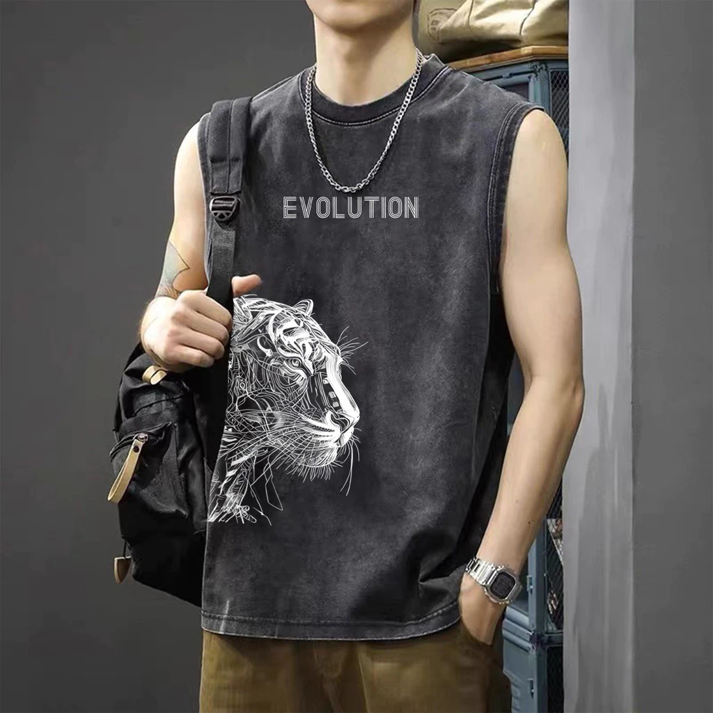 Y-T🐻เสื้อยืดชาย เสื้อกล้าม แขนกุด สวมใส่สบาย ผ้าฝ้าย100% คุณภาพสูง ลาย "EVOLUTION" ไม่ต้องรีดผ้า สไตล์ลำลอง