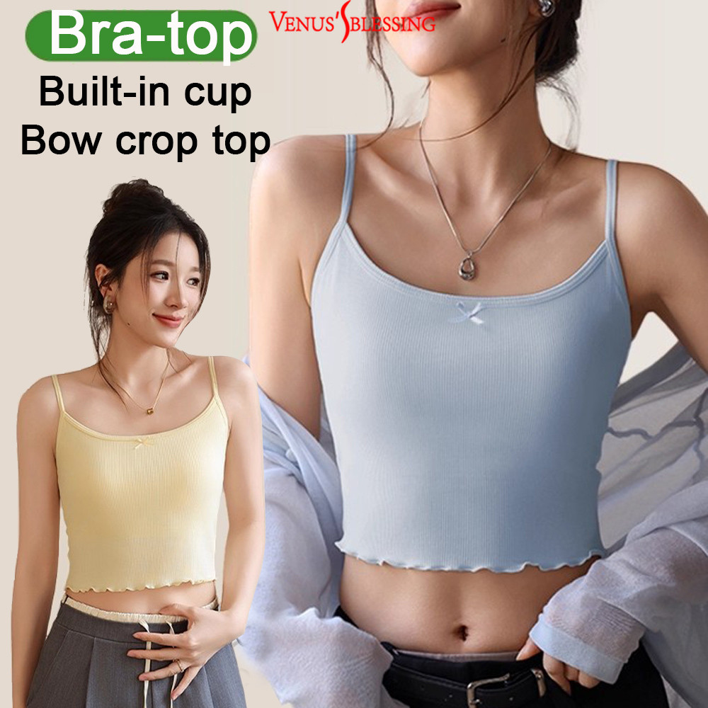 ( Ready Stock ) 2 in 1 เสื้อครอปเด็กผู้หญิงลายลูกไม้พร้อมโบว์, เสื้อสองในหนึ่งพร้อมแผ่นรองหน้าอกแบบถาวร