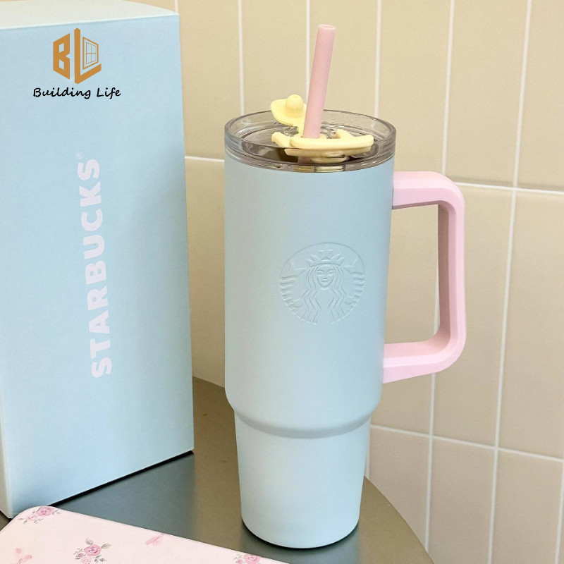 Starbucks Cup Fresh Ins Style Stainless Pastel Blue with Pink Steel Insulated Tumbler Handle Large Capacity Double Drink Big Mac Straw Cup 900ml