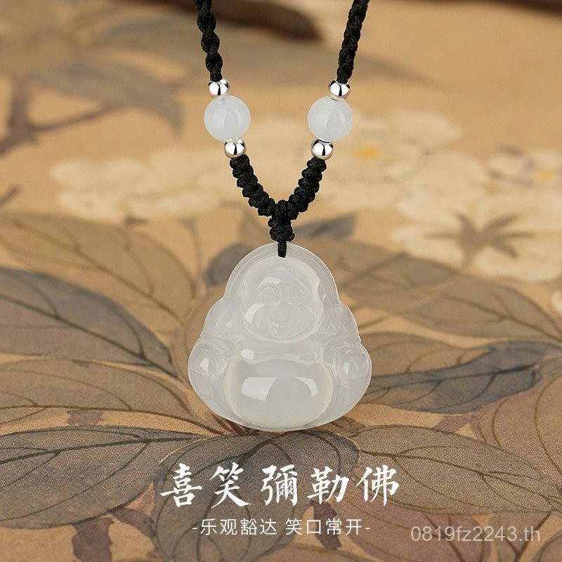 สร้อยคอยิงจริงสไตล์จีน มัยทรेयบุxDD พร้อมหินChalcedonyสีขาวและเชือกดํา สำหรับหญิงPBZJ