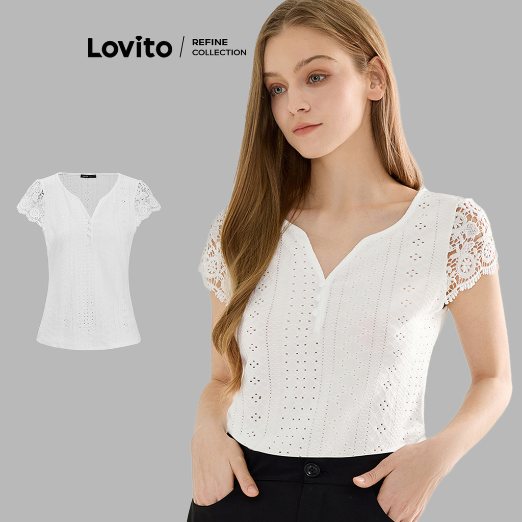 (Lovito Refine) เสื้อเบลาส์หรูหรา เสื้อเชิ้ตเย็บผ้าธรรมดาสําหรับผู้หญิง L119BR068