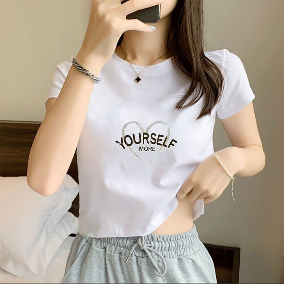 เสื้อยืดแขนสั้นสำหรับผู้หญิง ทำจากผ้าฝ้ายแท้ ออกแบบเอวสูงสั้นตัด สวมใส่ง่ายในฤดูร้อน